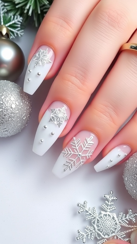 Trendy white Christmas nails with snowflake designs and glitter accents.
